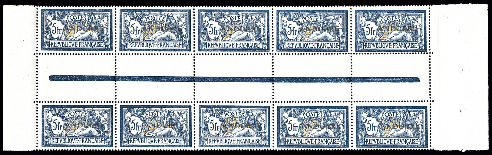 ** N°21, 5F Bleu Et Chamois En Panneau De 10 Exemplaires Avec Interpanneau, Bon Centrage, Fraîcheur Postale. SUP (certif - Unused Stamps