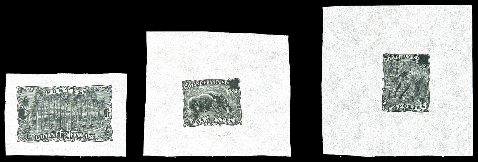 (*) 49 + 55 + 63, 3 épreuves Individuelles Sans Fond Noir Sur Papier De Soie, Tamanoir, Chercheur D'or, Palmiers. R.R    - Used Stamps