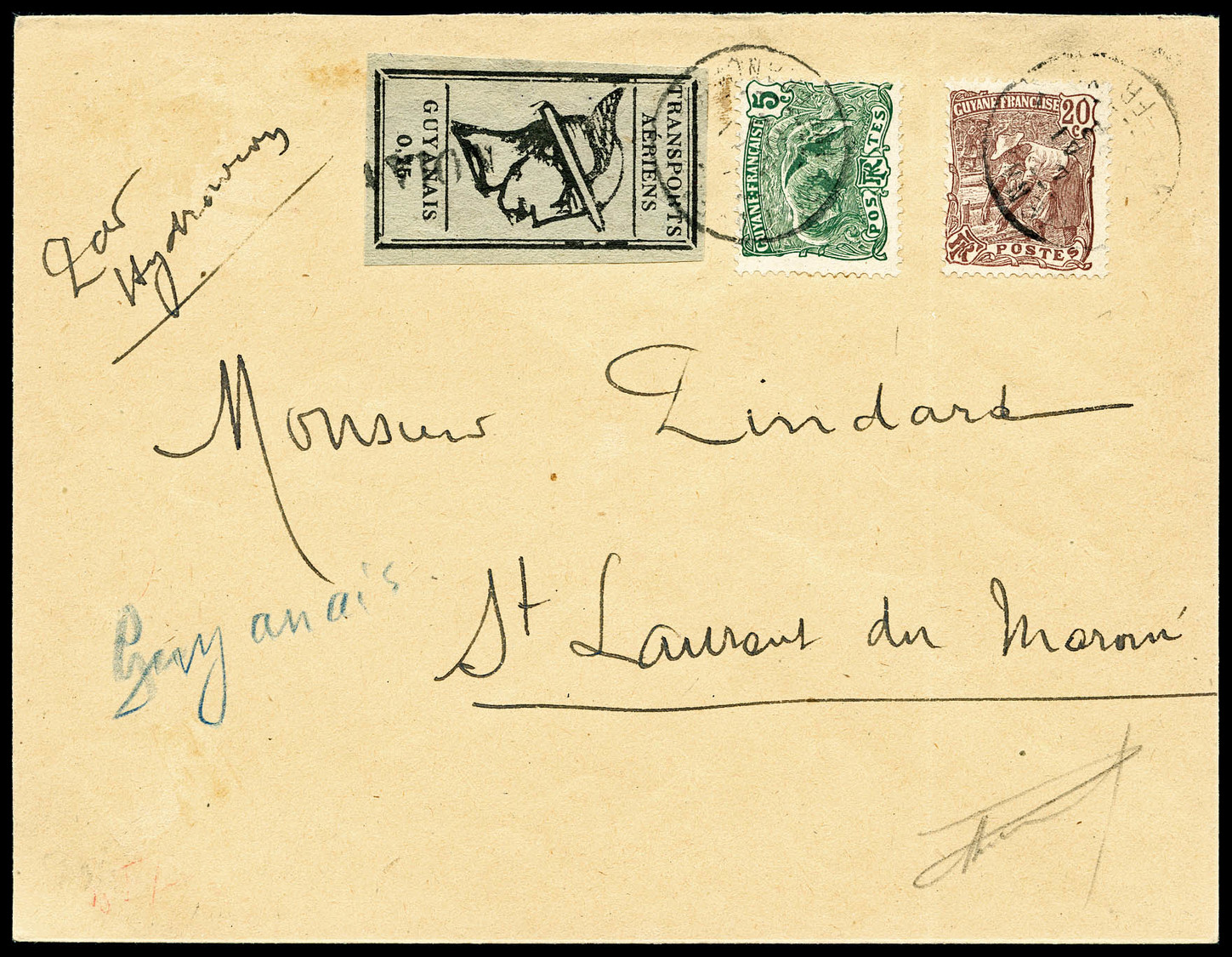 O Poste Aérienne N°6A, T.A.G, 75c Noir Sur Gris Sur Lettre De Cayenne Pout St Laurent Du Maroni. R.R. SUPERBE (signé Cal - Used Stamps