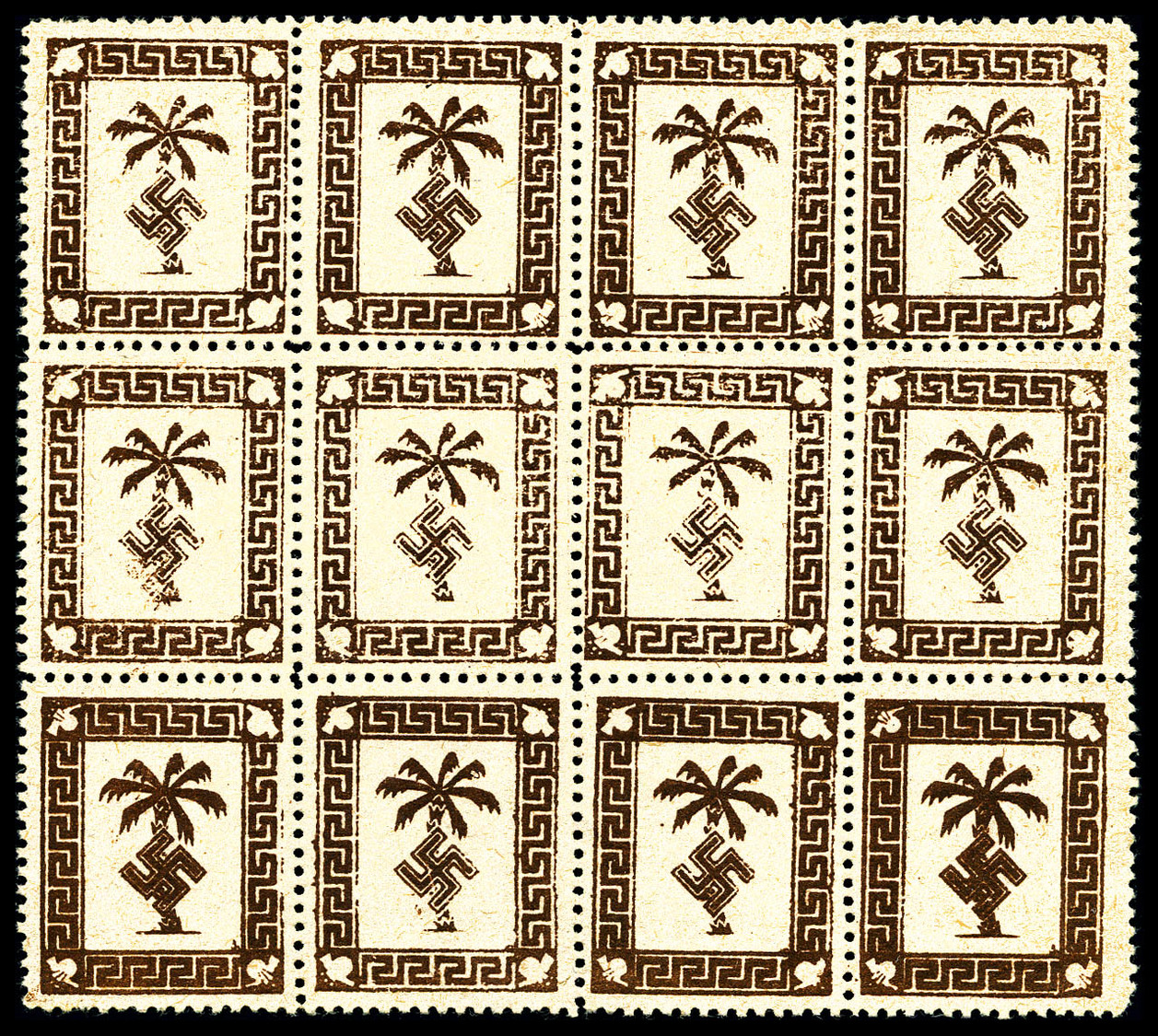 (*) Guerre De 1939-1945 N°1a/b, Palmier De L'Afrika Korps Marron: Bloc De 12 Comprenant 4 Variétés Marron Clair Et 4 Mar - Neufs