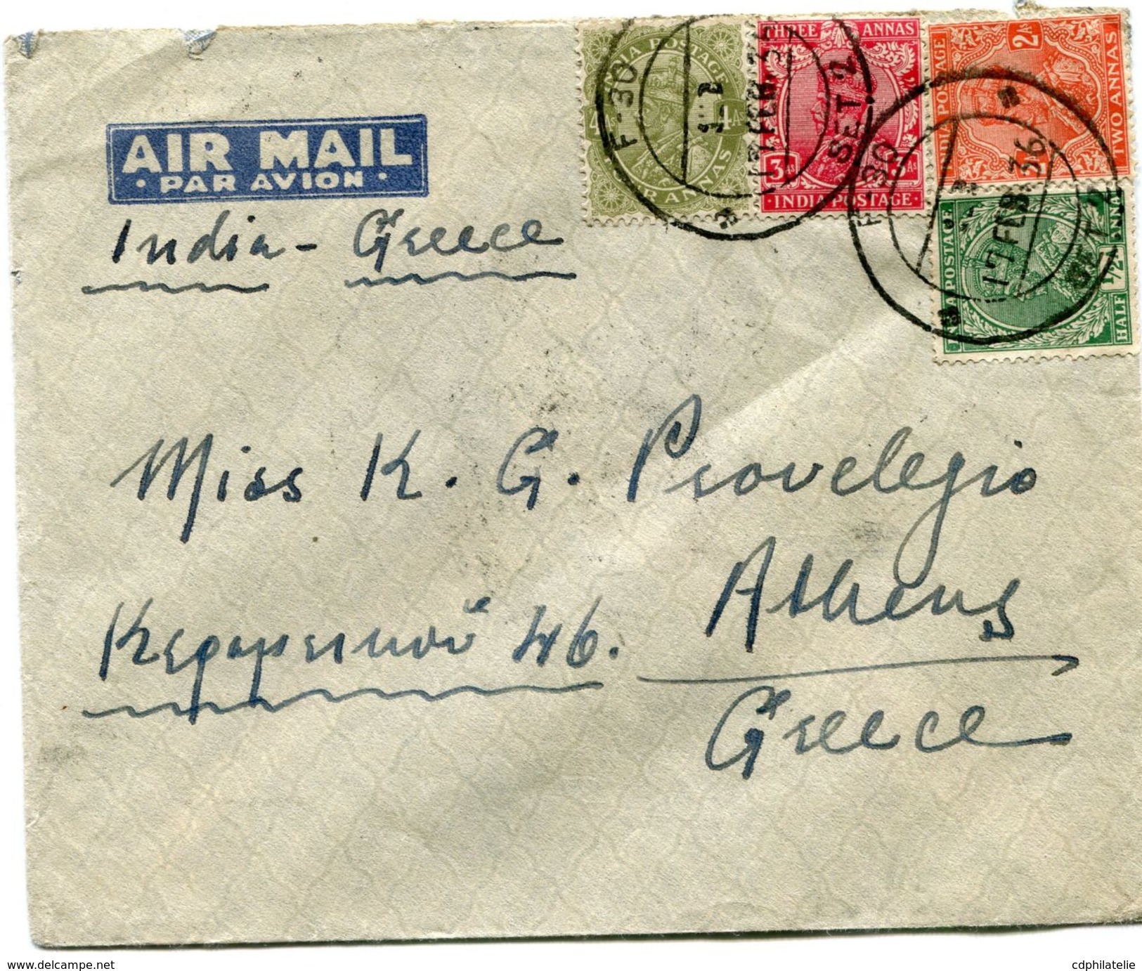 INDE ANGLAISE LETTRE PAR AVION DEPART F - 30   17 FEB.. 36  SET 2 POUR LA GRECE - 1936-47 Koning George VI