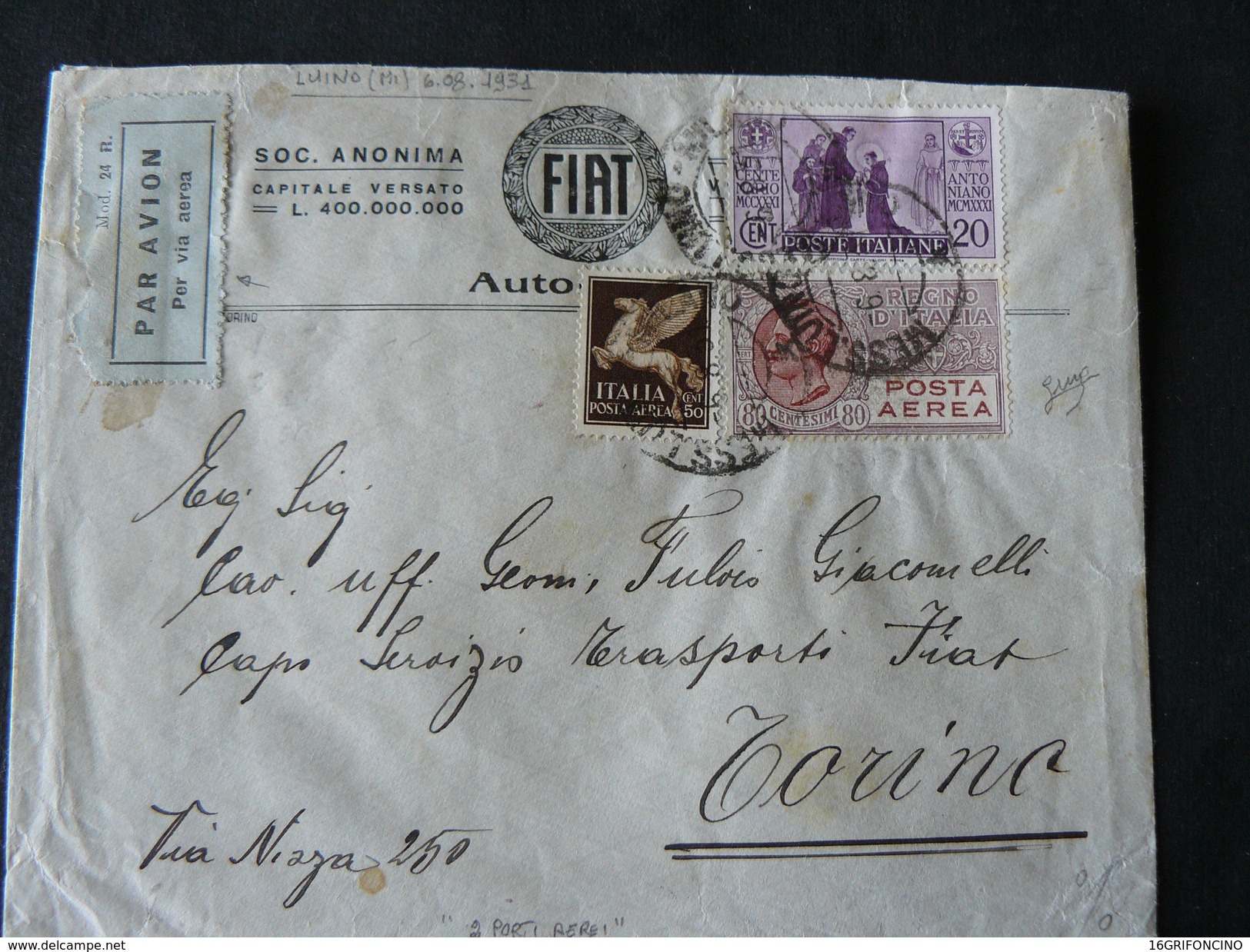 1931 BEAUTIFUL LETTER WITH BEAUTIFUL POSTAGE STAMPS.HIGH VALUE.//..DA LUINO X TORINO 3 PORT + ALTO VALORE FRANCOBOLLI - Storia Postale (Posta Aerea)