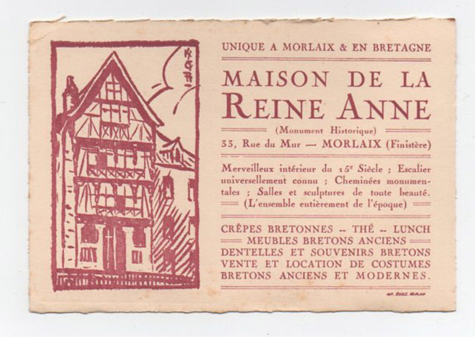 Maison De La Reine Anne  Morlaix Finistère  Gravure - Dépliants Touristiques