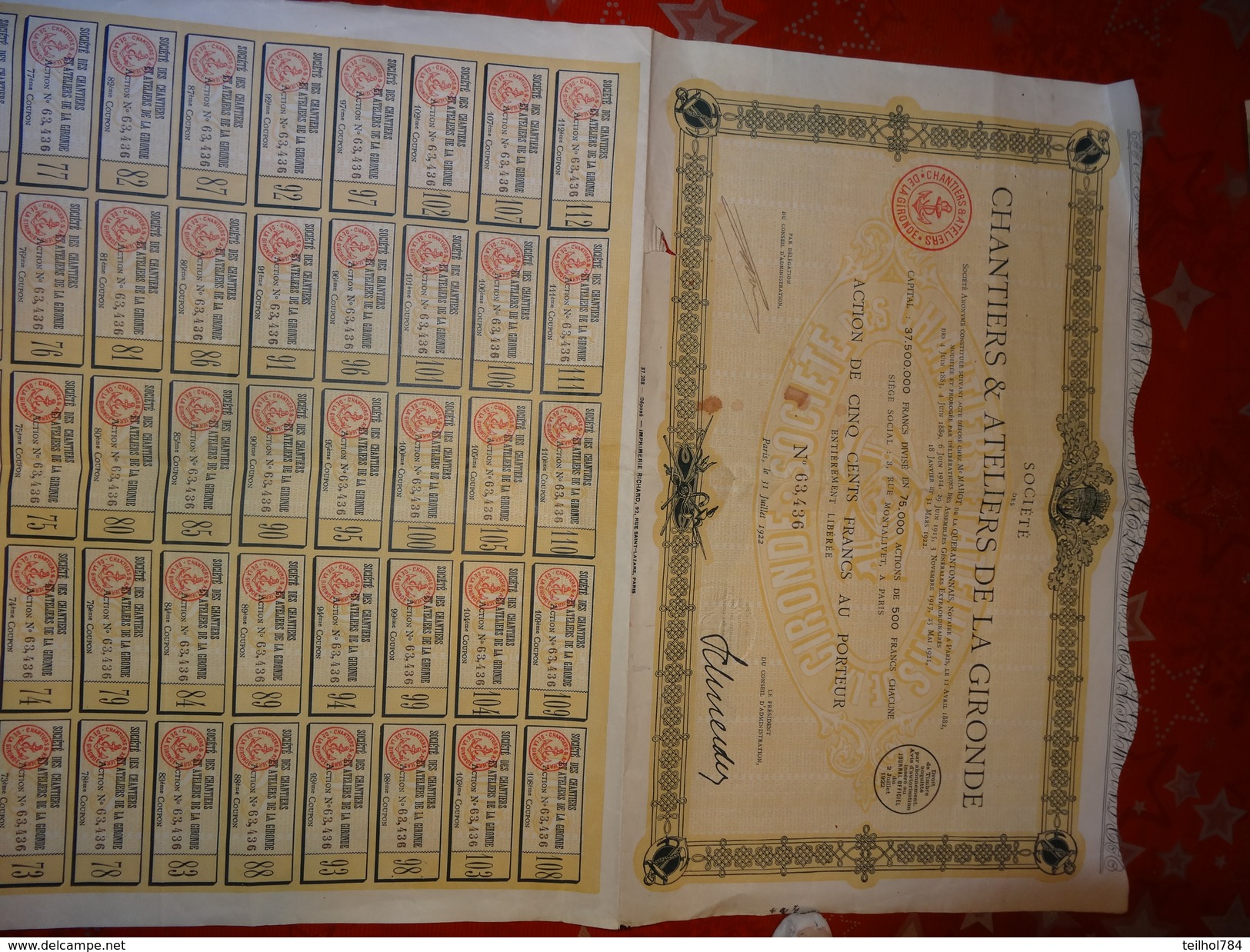 SOCIETE DES CHANTIERS ET ATELIERS DE LA GIRONDE ACTION 500 FRANCS 1922 - Industrie