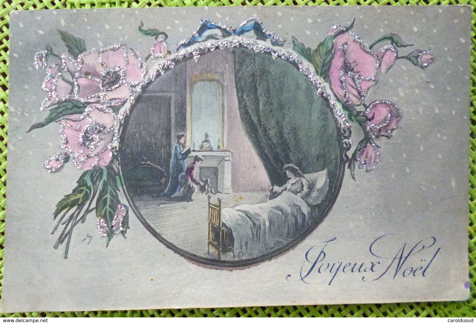 Cpa LITHO  Illustrateur ORENS Brocherioux Voeux Noel Enfant Dans Lit Femme Cheminée Medaillon Decor Fleur Paillettes - Orens