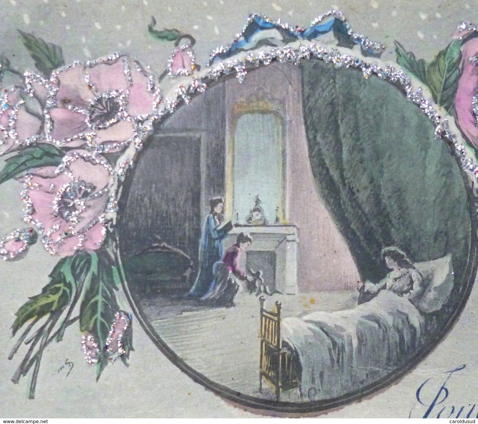 Cpa LITHO  Illustrateur ORENS Brocherioux Voeux Noel Enfant Dans Lit Femme Cheminée Medaillon Decor Fleur Paillettes - Orens