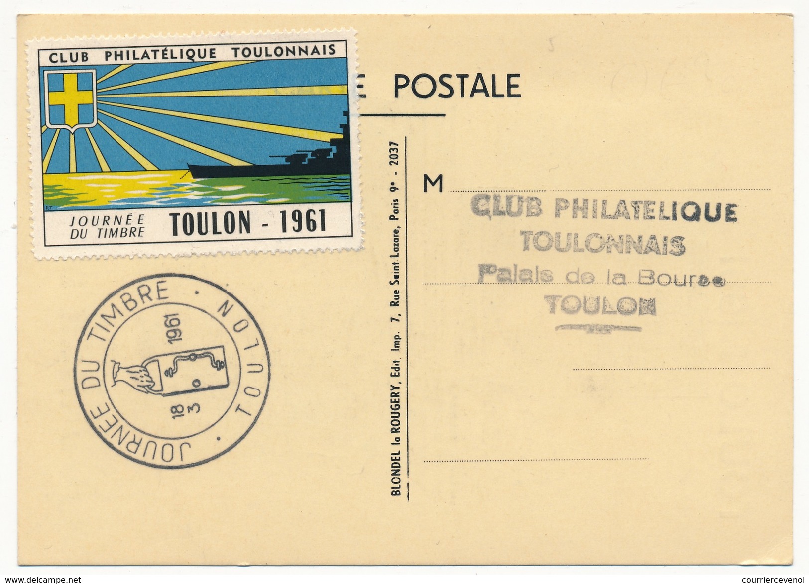 FRANCE => Carte Locale "Journée Du Timbre" 1961 - TOULON - Vignette Au Dos - Stamp's Day