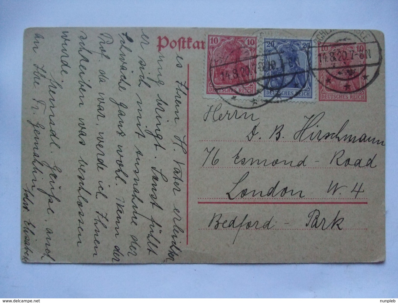 GERMANY - 1920 Postcard Berlin To London - Card Uprated With 10pf And 20pf Germania - Covers & Documents