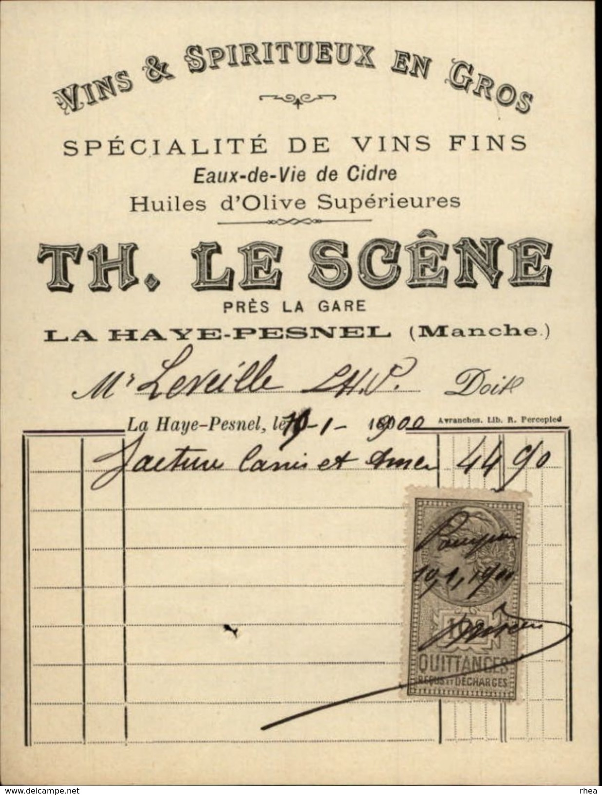 50 - LA HAYE-PESNEL - Facture - Vins Et Spiritueux Le Scêne - Huile D'olive - Eau De Vie De Cidre - 1900 – 1949