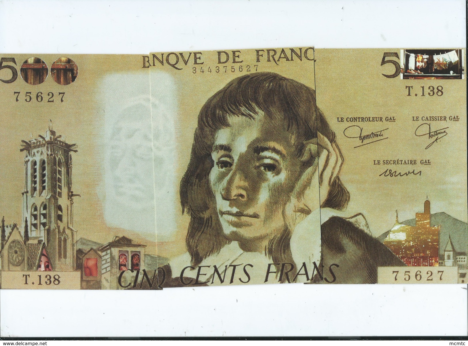 3 CPM -  Puzzle - Billet  500 Francs Pascal -  -(billets ) - Autres & Non Classés