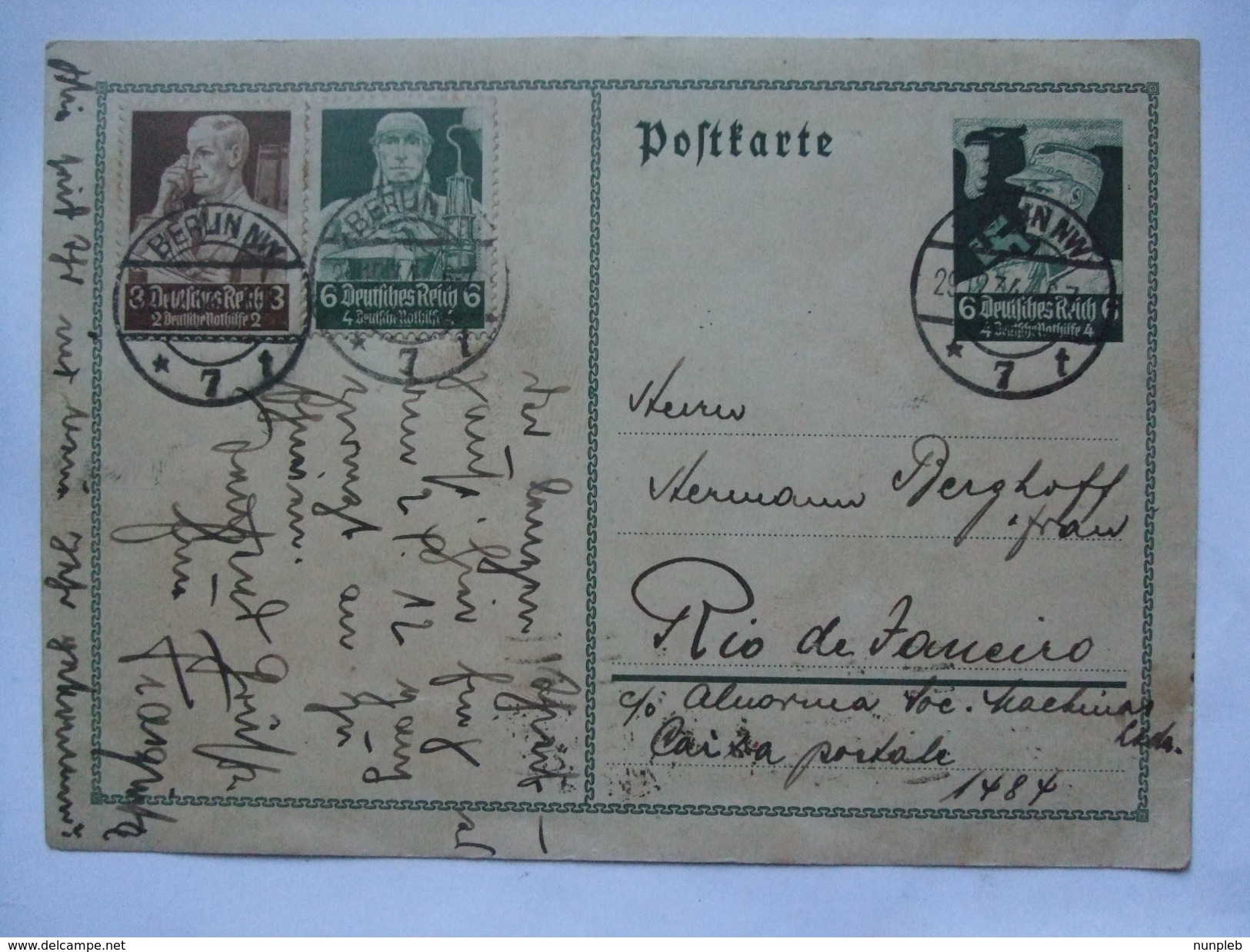 GERMANY - 1934 Postcard Berlin To Rio De Janeiro Brazil - Mi P 253 - Tied With Welfare Fund Stamps - Briefe U. Dokumente