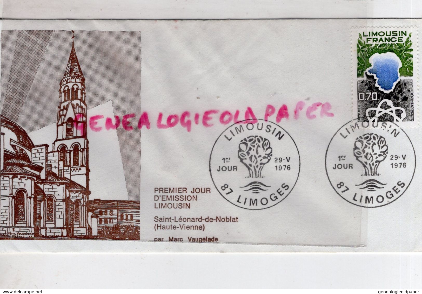 87-ST SAINT LEONARD DE NOBLAT-ENVELOPPE 1ER JOUR COLLEGIALE 29-5-1976- PAR MARC VAUGELADE-CACHET LIMOGES LIMOUSIN - 1950 - ...