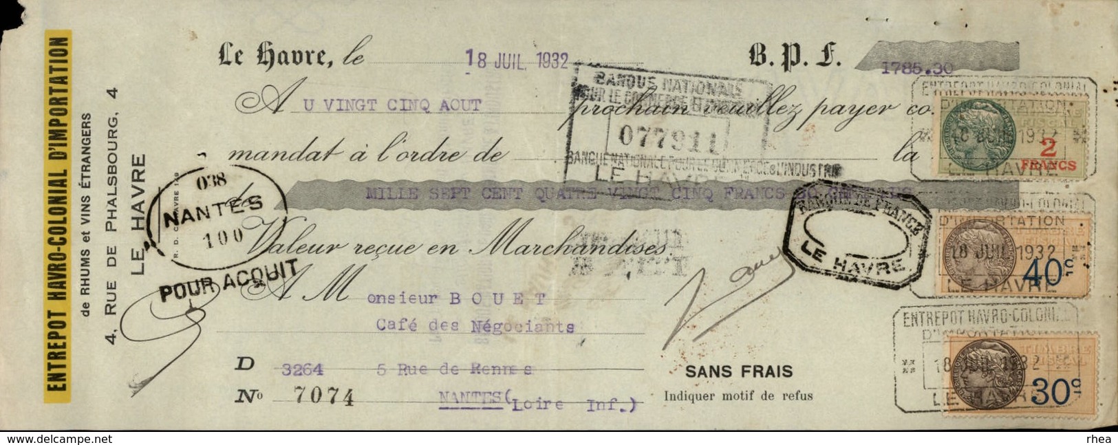 76 - LE HAVRE - Facture - Entrepot Havro Colonial D'importation - Porto - 1932 - 1800 – 1899