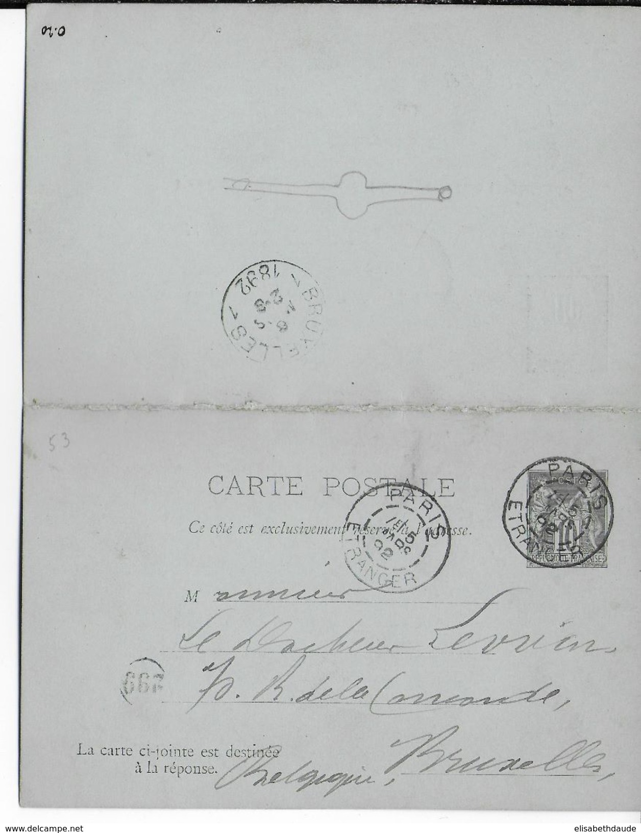1892 - CARTE ENTIER SAGE Avec REPONSE + REPIQUAGE De La MAISON "CHAUMEL DU PLANCAHT" à PARIS => BRUXELLES - Cartes Postales Repiquages (avant 1995)
