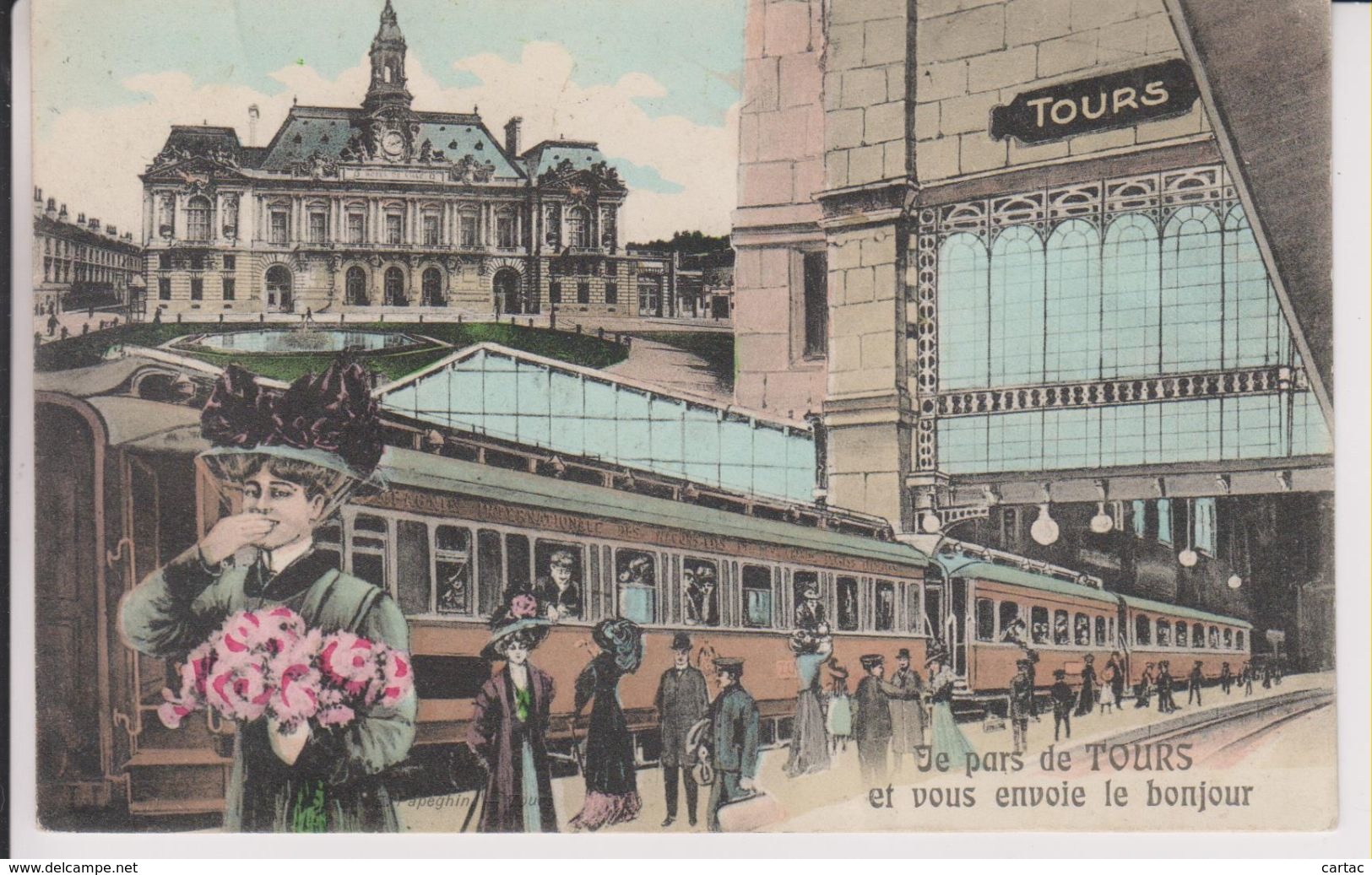 D37 - TOURS - JE PARS DE TOURS ET VOUS ENVOIE LE BONJOUR - (CARTE FANTAISIE - FEMME AVEC UN BOUQUET DE FLEURS) - Tours