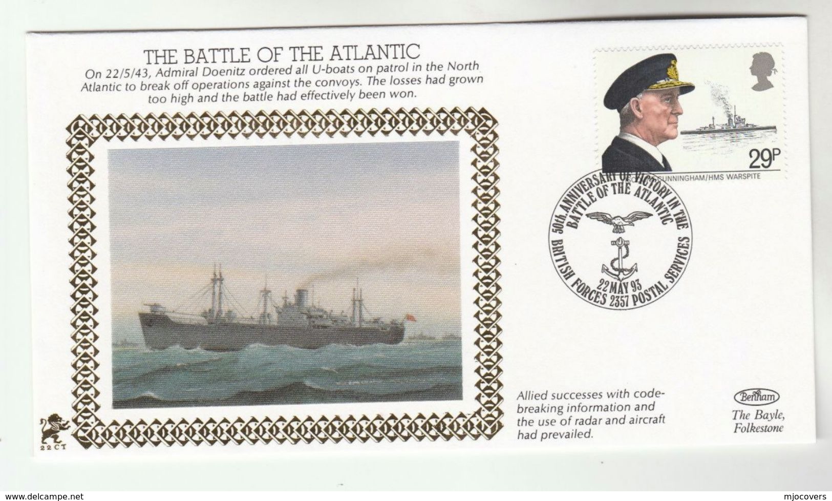 1993 GB Very Ltd EDITION COVER Anniv BATTLE OF ATLANTIC U BOAT STOP ATTACKS 1943 WWII Stamp Forces Ship Navy Submarine - WW2