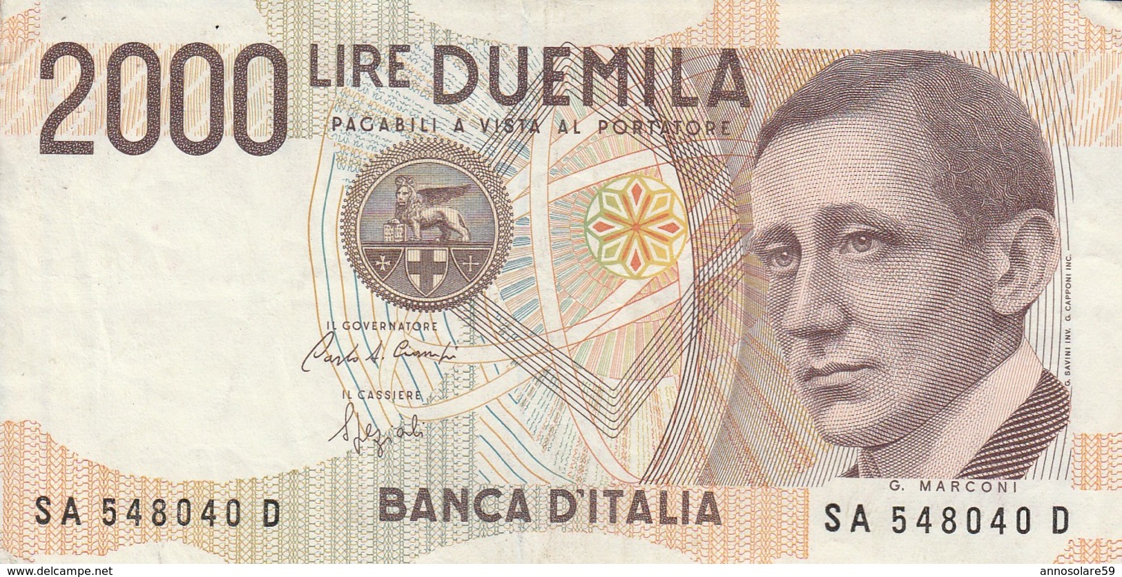 BANCONOTA 2000 LIRE MARCONI 1990 - SERIE (SA 548040 D) - ORIGINALE 100% - LEGGI - 2.000 Lire