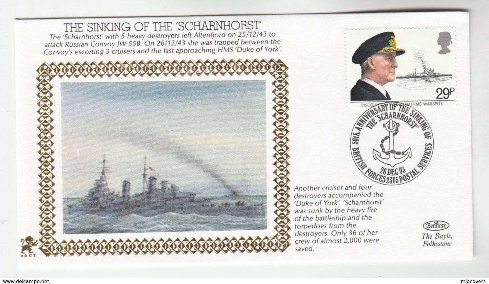 1993 GB Very Ltd EDITION COVER Anniv SINKING The SCHARNHORST 1943 WWII Event Navy Ship Stamps Forces Germany - WW2