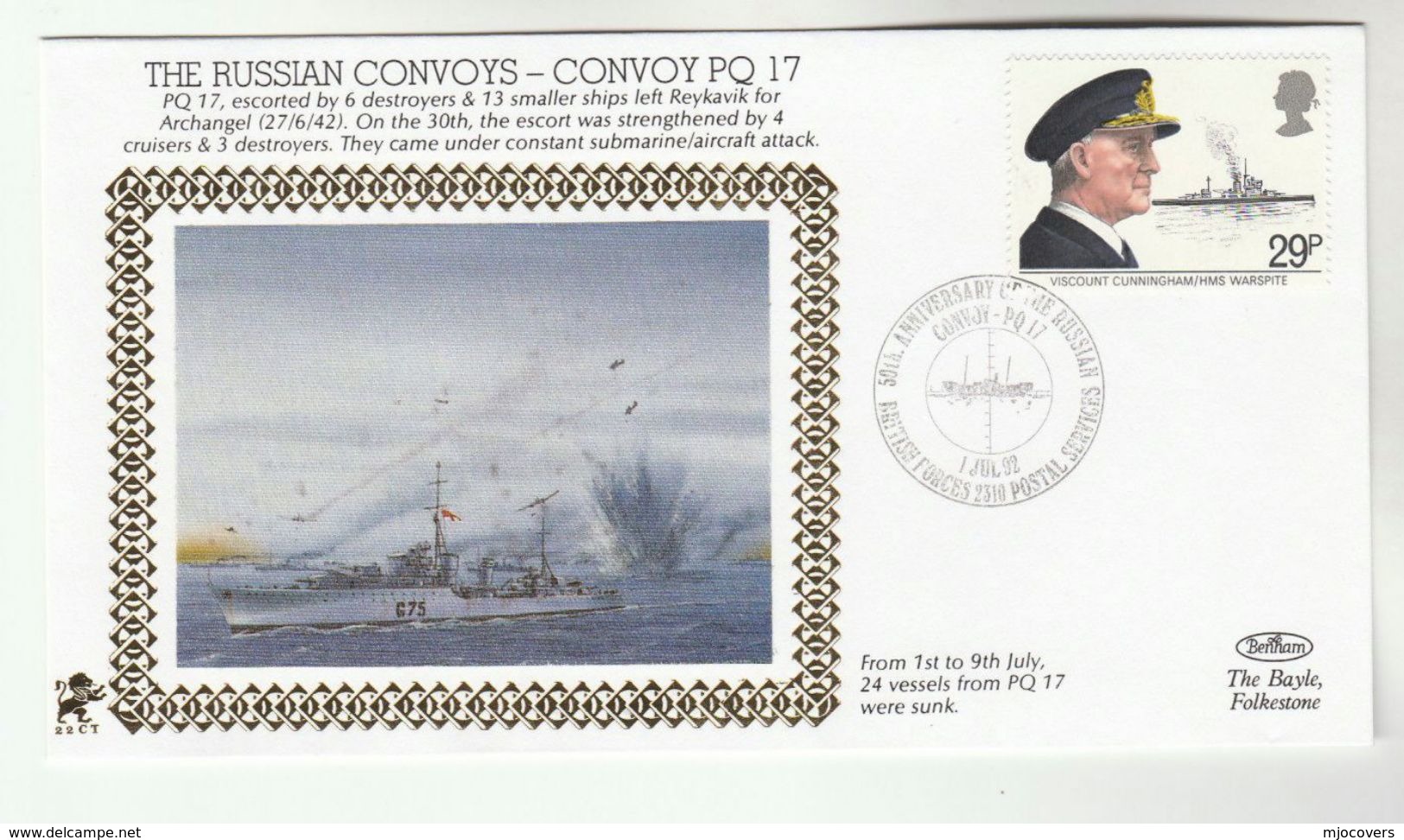 1992 GB Very Ltd EDITION COVER Anniv SINKING Of RUSSIAN CONVOY PQ17 1942 WWII Navy Ship Stamps Submarine Aviation - WW2