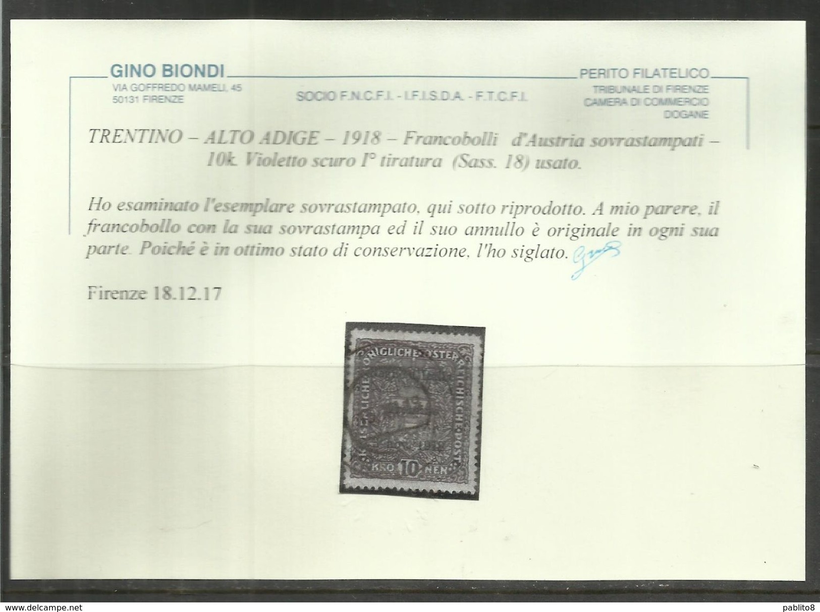 TRENTINO ALTO ADIGE 1918 SOPRASTAMPATO AUSTRIA OVERPRINTED 10K CORONE VIOLETTO USATO OBLITERE' CERTIFICATO - Trentino