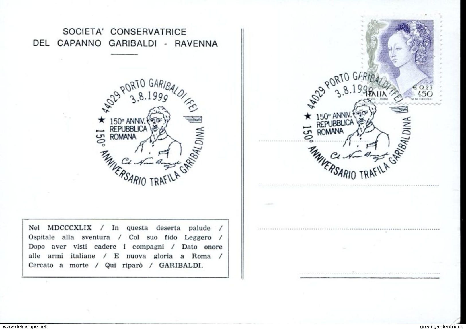 28864 Italia,special Card And Postmark 1999 Porto Garibaldi, Anniversario Trafila Garibaldina,repubblica Romana - Altri & Non Classificati