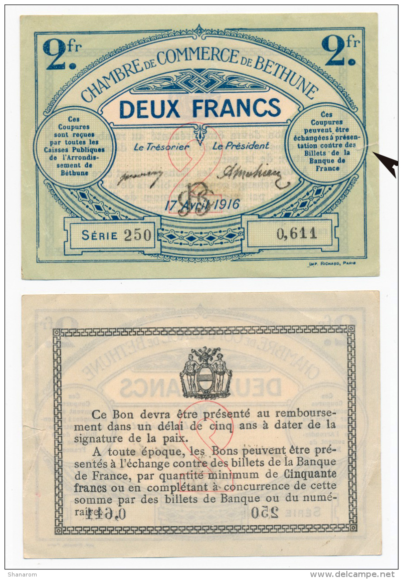 1914-1918 // C.D.C. // BETHUNE //  2 Francs - Chamber Of Commerce