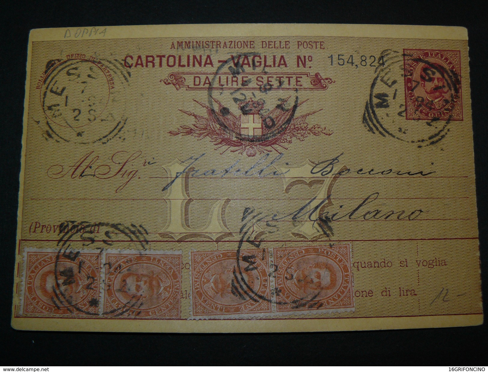 1894.. 4 BEAUTIFUL POSTAGESTAMPS OF 20 Cent. IN A POSTALCARD " VAGLIA "..//..4 BEI FRANCOBOLLI DA 20 Cent. SU VAGLIA - Strafport Voor Mandaten