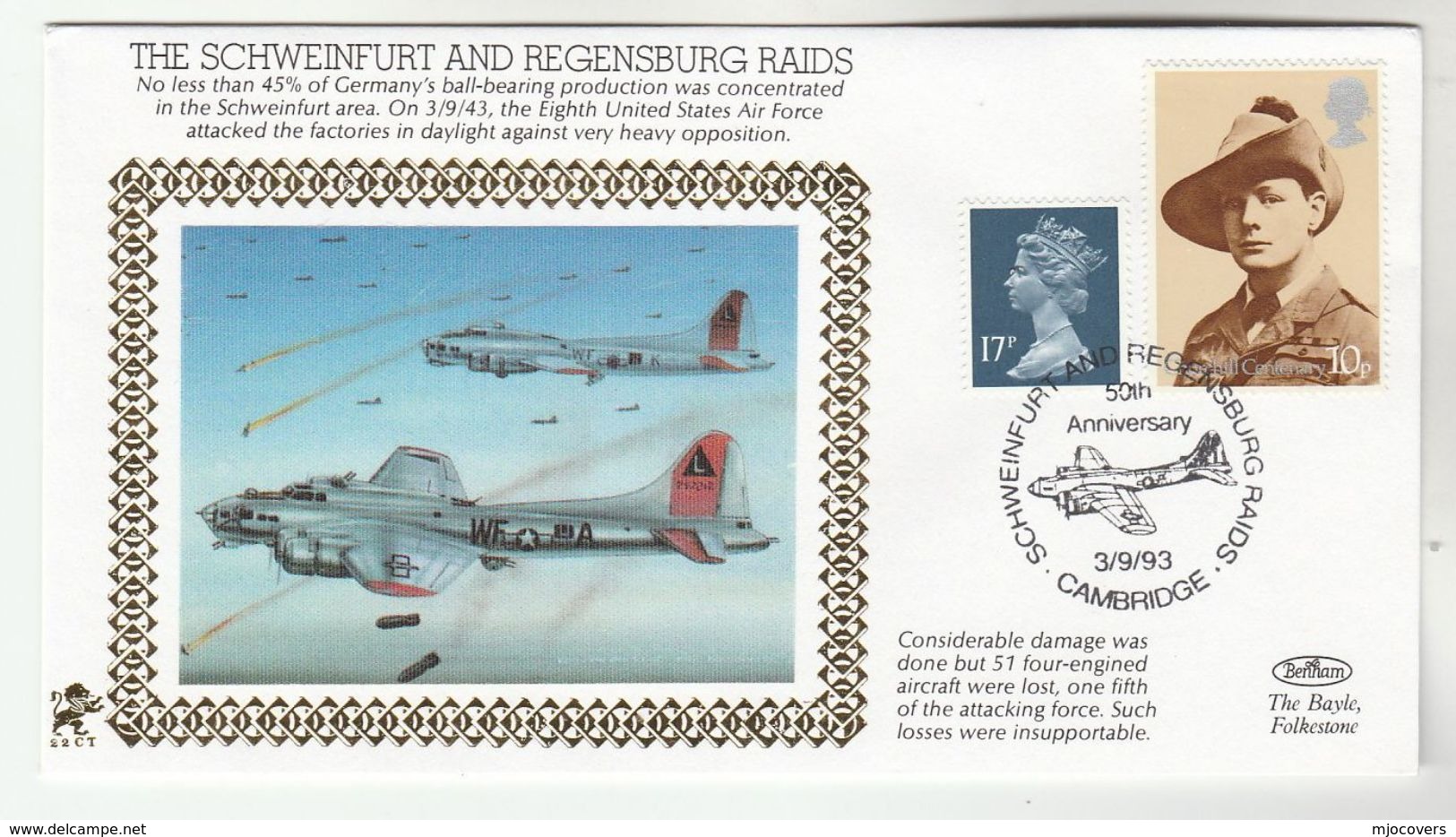 1993 GB Very Ltd EDITION COVER Anniv USAF SCHWEINFURT RAID WWII British Forces Event Cambridge Stamps Churchill Aviation - WW2