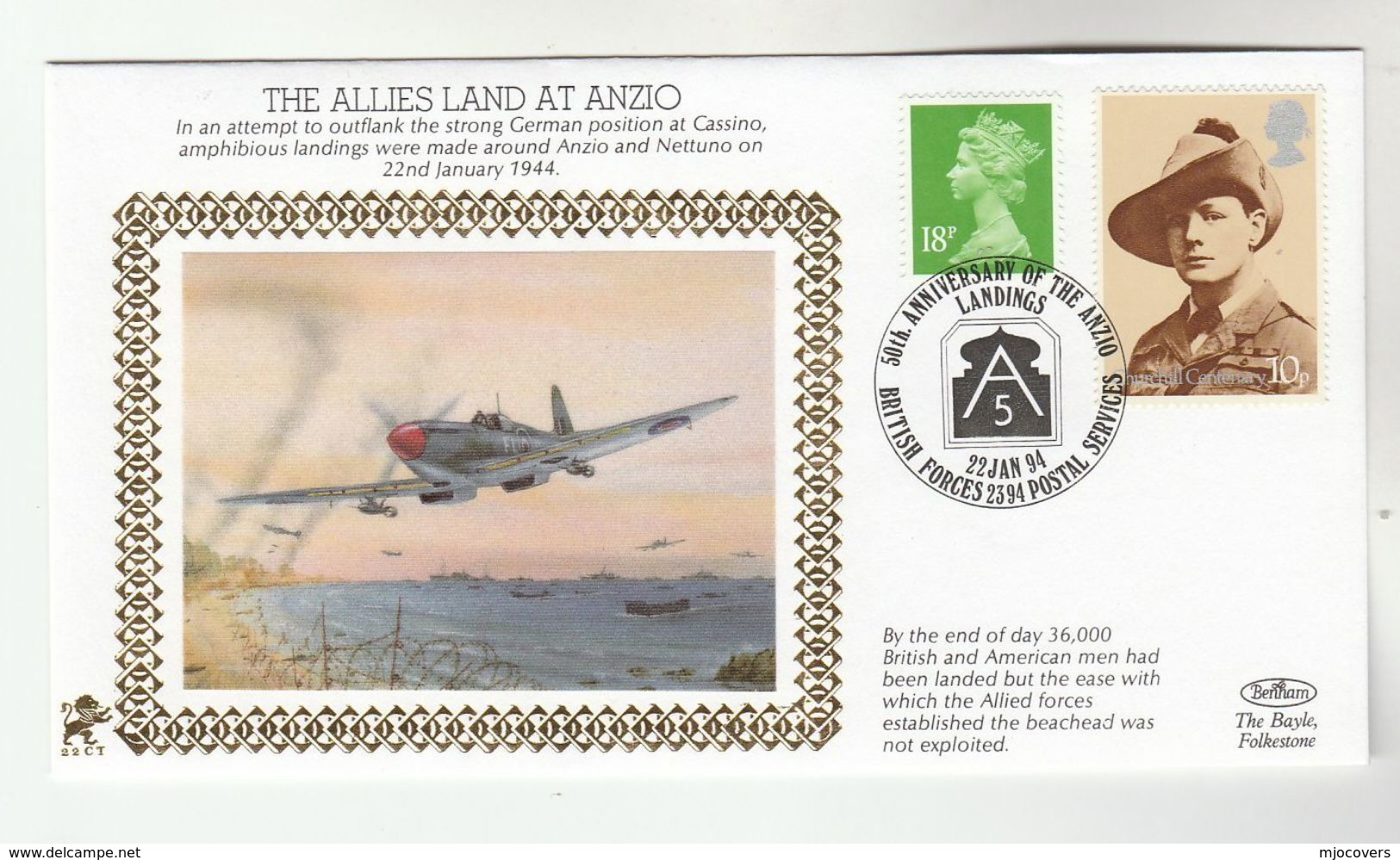 1994GB Very Ltd EDITION COVER Anniv ANZIO LANDINGS, WWII AIRCRAFT OVER BEACH Stamp Churchill - WW2