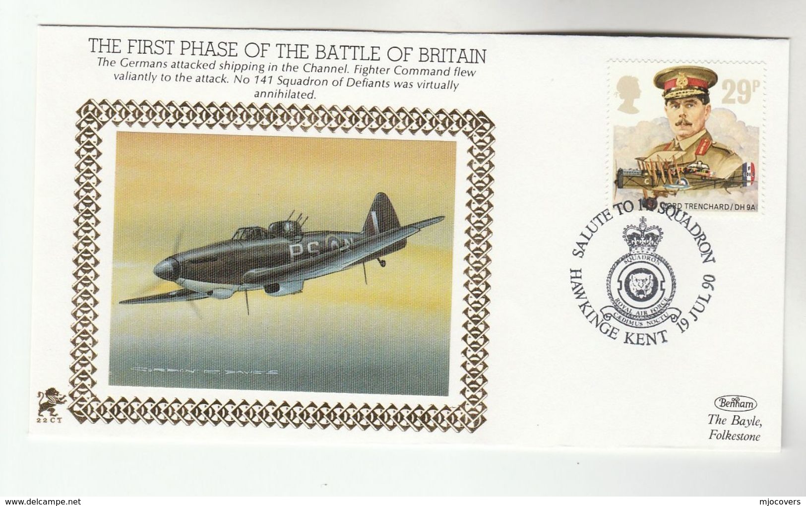 1990 Hawkinge GB Very Ltd EDITION COVER Anniv 141 Sqn BATTLE OF BRITAIN 1940 WWII Aviation Gb Stamps Raf Benham Lion - WW2