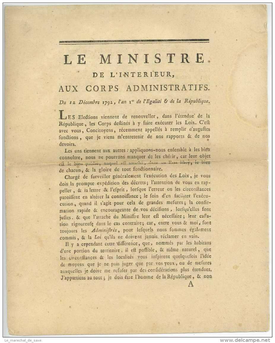 Revolution - Imprime 1792 - ROLAND DE LA PLATIERE, Jean-Marie (Thizy 1734 &ndash; Bourg-Beaudouin 1793 - Suicide) - Documents Historiques