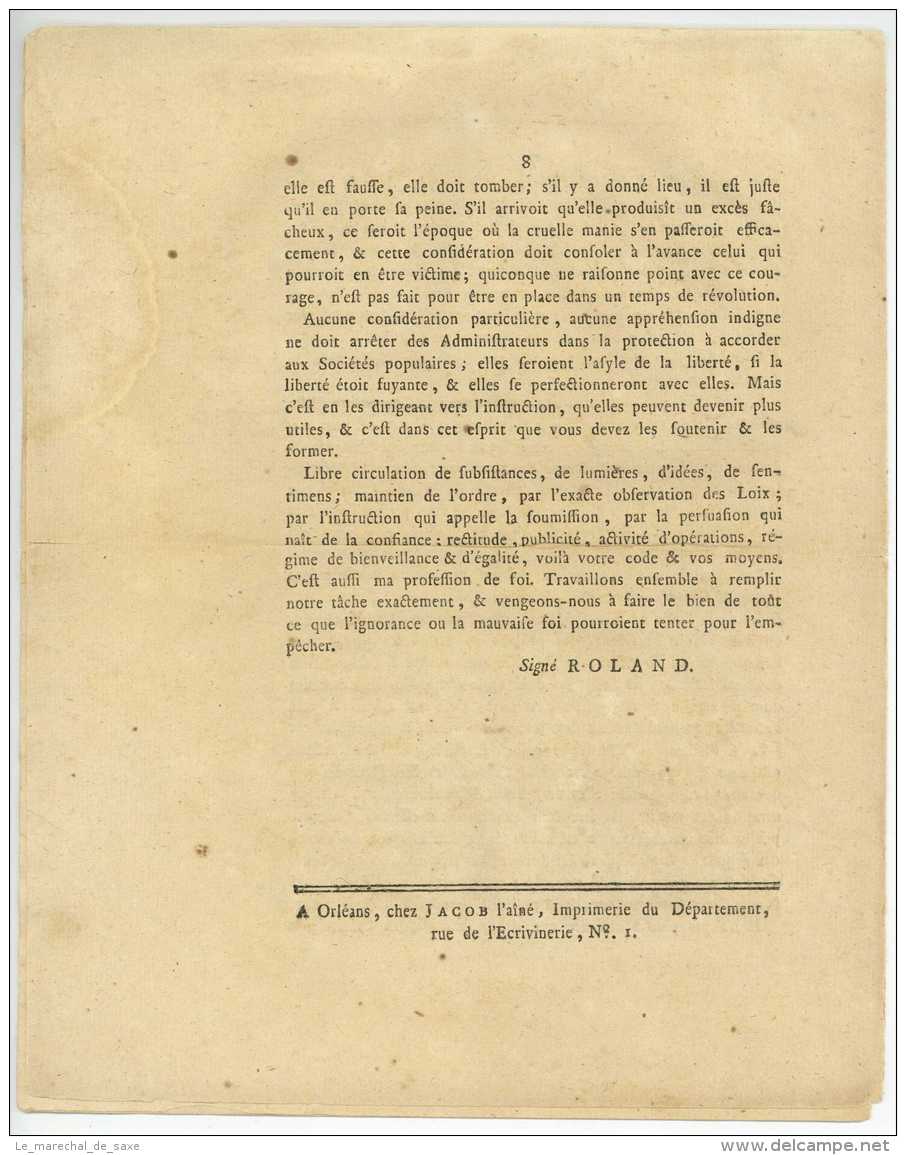 Revolution - Imprime 1792 - ROLAND DE LA PLATIERE, Jean-Marie (Thizy 1734 &ndash; Bourg-Beaudouin 1793 - Suicide) - Documents Historiques