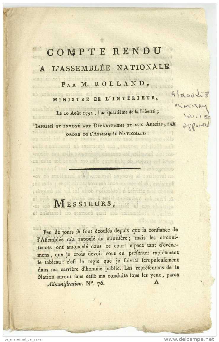 Revolution - Imprime 1792 - ROLAND DE LA PLATIERE, Jean-Marie (Thizy 1734 &ndash; Bourg-Beaudouin 1793 - Suicide) - Documents Historiques