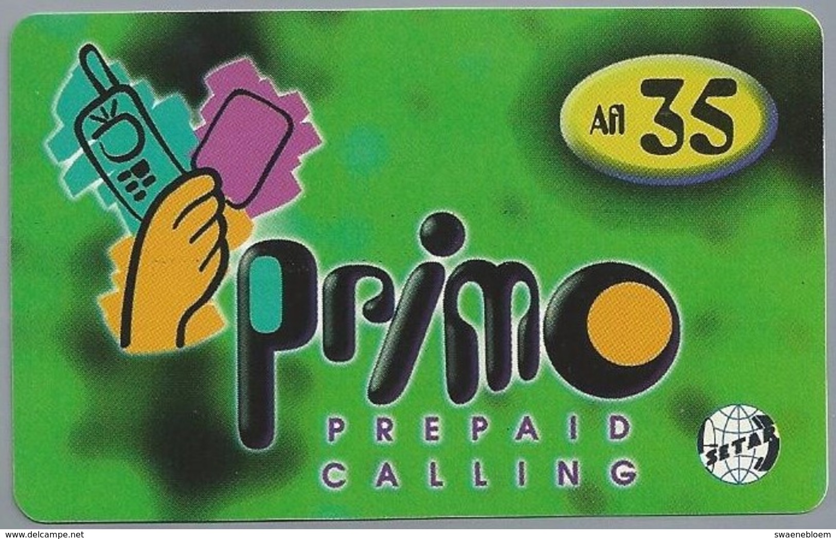 Telefoonkaart. PHONE CARD. Prepaid Calling. PRIMO. - SETAR. - Afl 35. -  2 Scans - Aruba