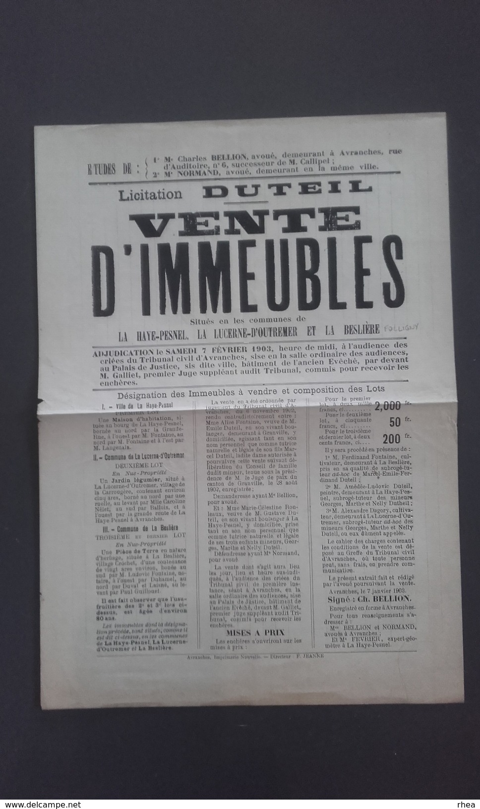 50 - LA HAYE-PESNEL - LA LUCERNE - LA BESLIERE - FOLLIGNY - Affiche Vente D'immeubles 1903 - Affiches