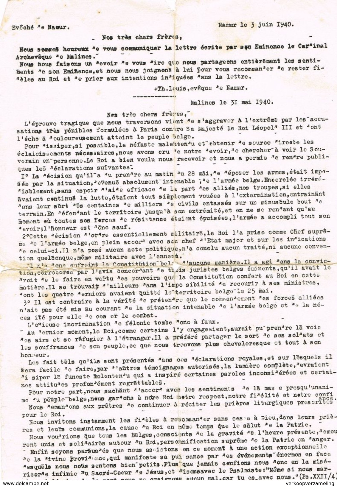 SERMON DU 3/6/1940  Concernant Leopold 3  Et L'enlevement Des Cloches - 1939-45