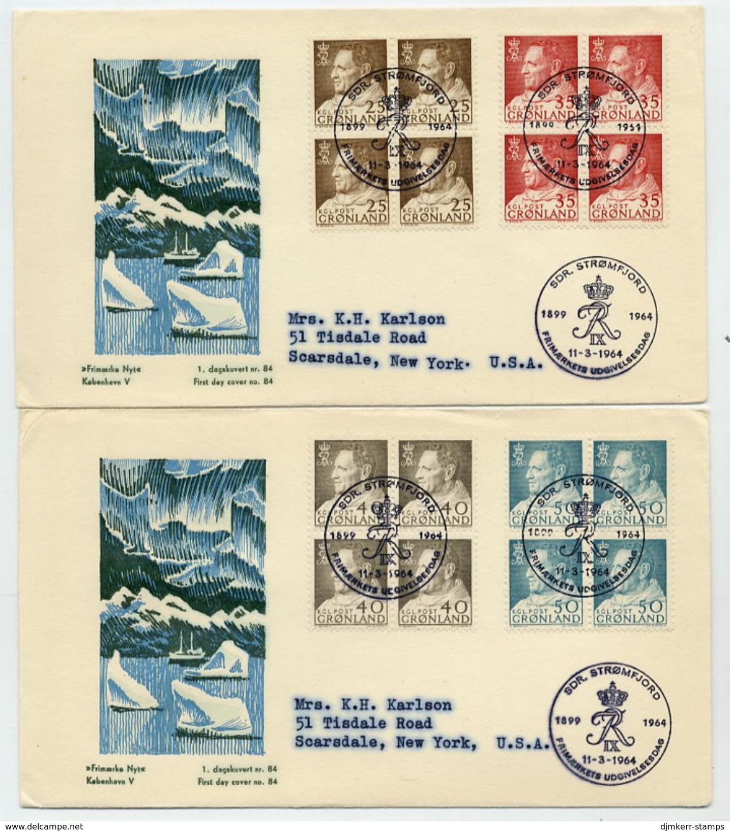 GREENLAND 1964 King Frederik IX Definitives 25, 35, 40, 50 Øre In Blocks Of 4 On Two FDCs.  Michel 53-56 - FDC