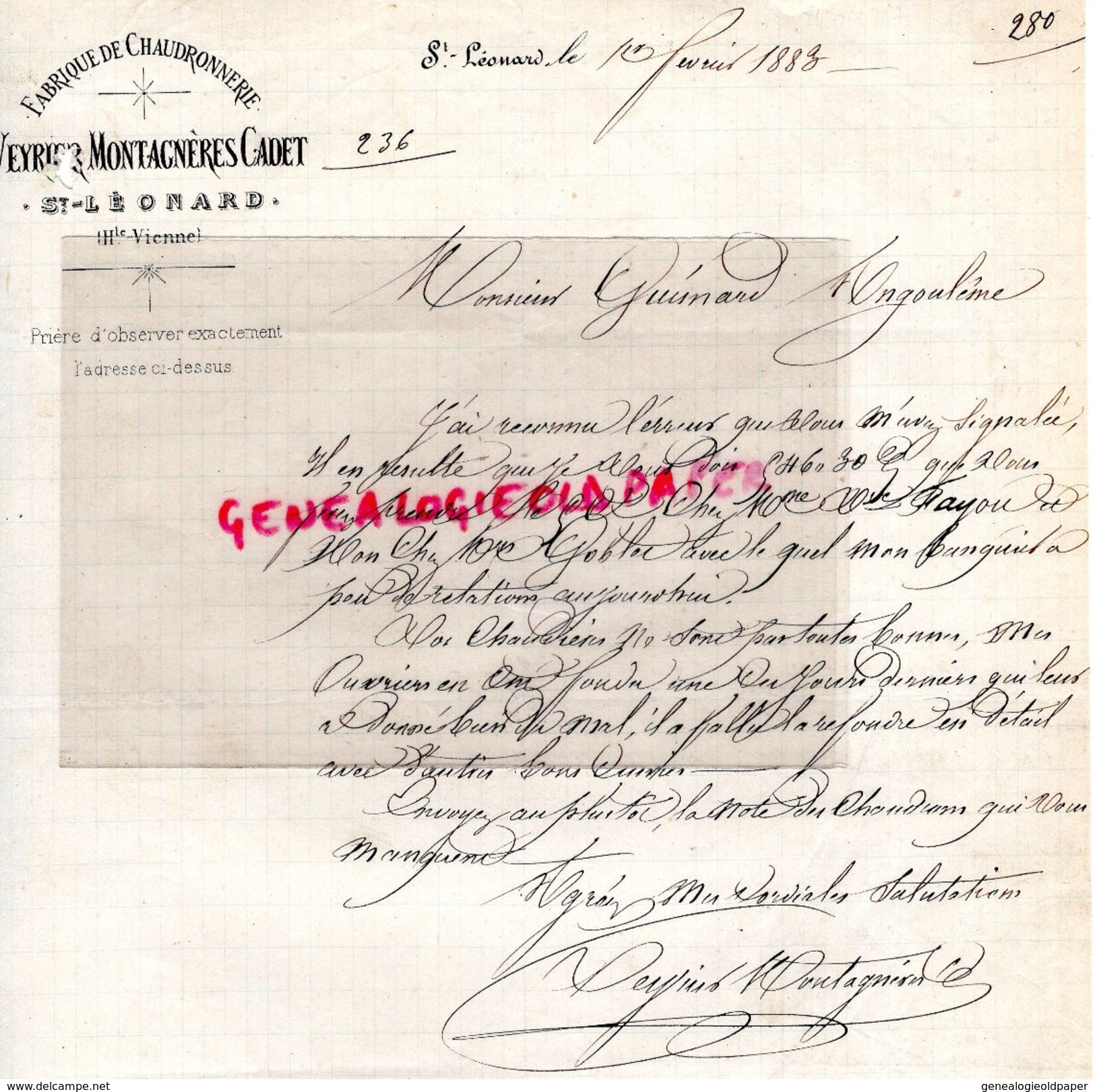 87 -ST- SAINT LEONARD NOBLAT - RARE LETTRE MANUSCRITE SIGNEE VEYRIER MONTAGNERES CADET- FABRIQUE DE CHAUDRONNERIE -1883 - 1900 – 1949