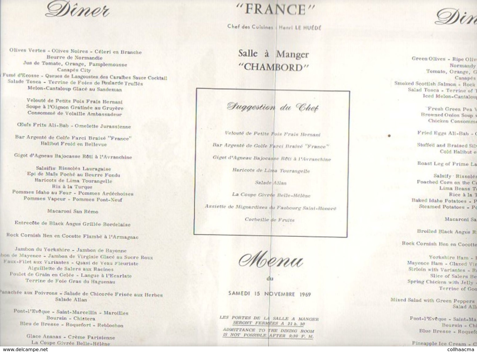 1969 Menu "Compagnie Générale Transatlantique" French Line Paquebot "France"  / Illustration Jean A. Mercier - Menus