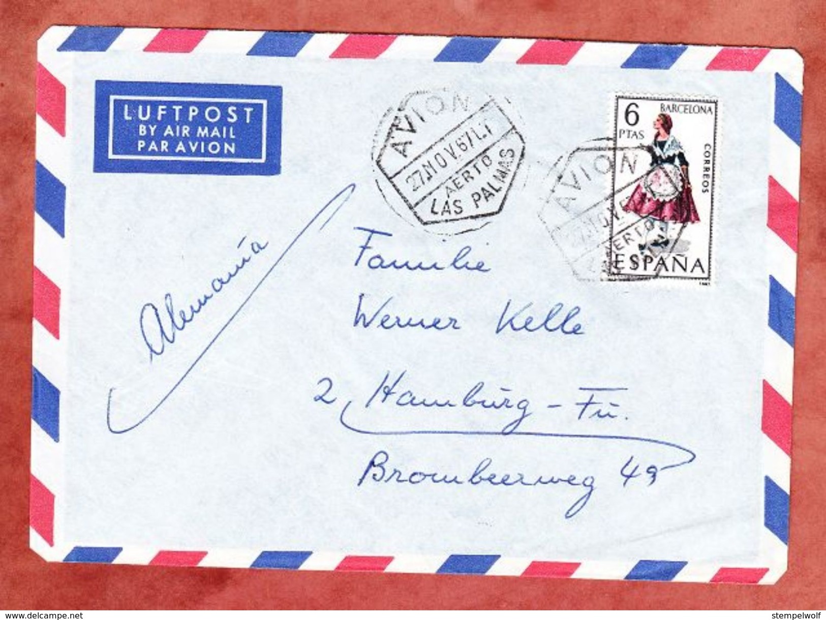 Luftpost, EF Tracht, Las Palmas Nach Hamburg 1967 (44376) - Briefe U. Dokumente