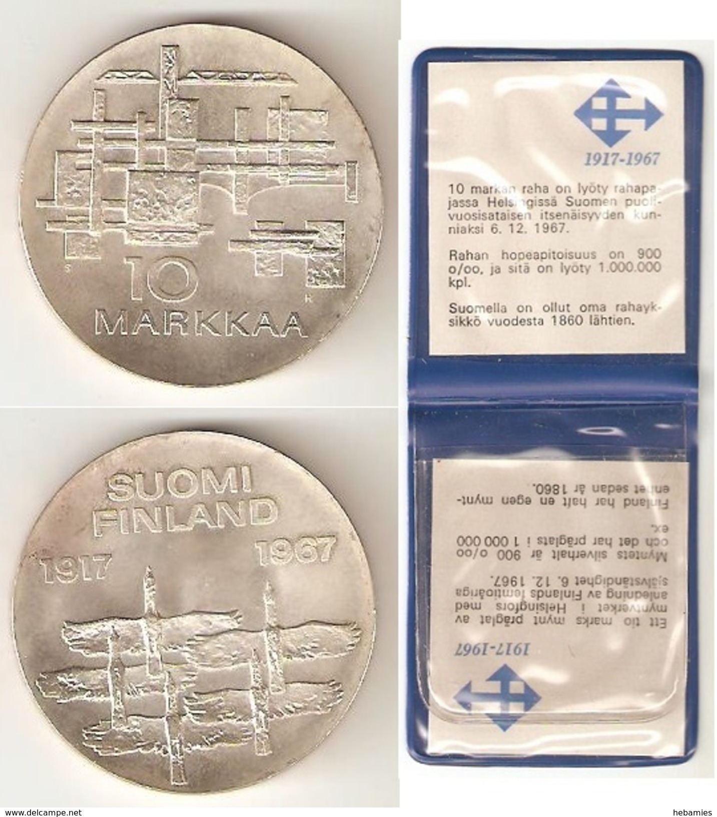 FINLAND - 10 MARKKAA SILVER 1967 - INDEPENDENT FINLAND 50 YEARS  COMMEMORATIVE COIN - - Finlandia