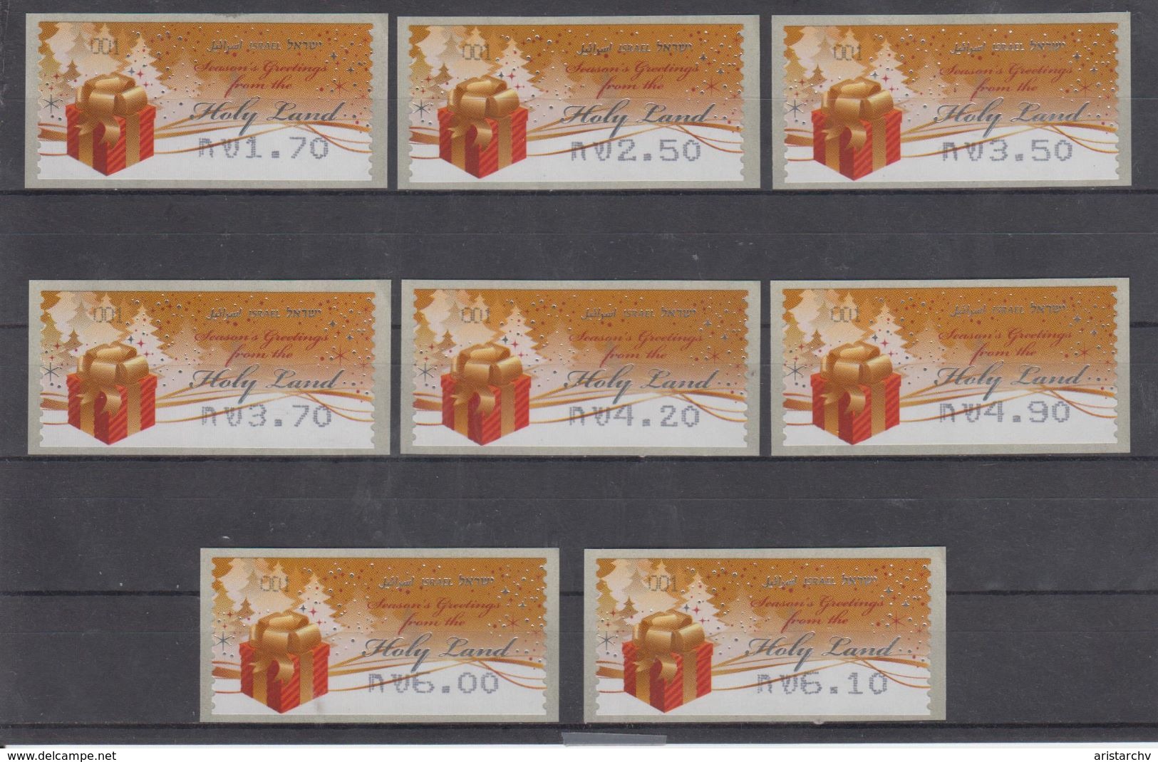 ISRAEL 2010 KLUSSENDORF ATM CHRISTMAS SEASON'S GREETINGS FROM THE HOLY LAND FULL SET OF 8 STAMPS - Franking Labels