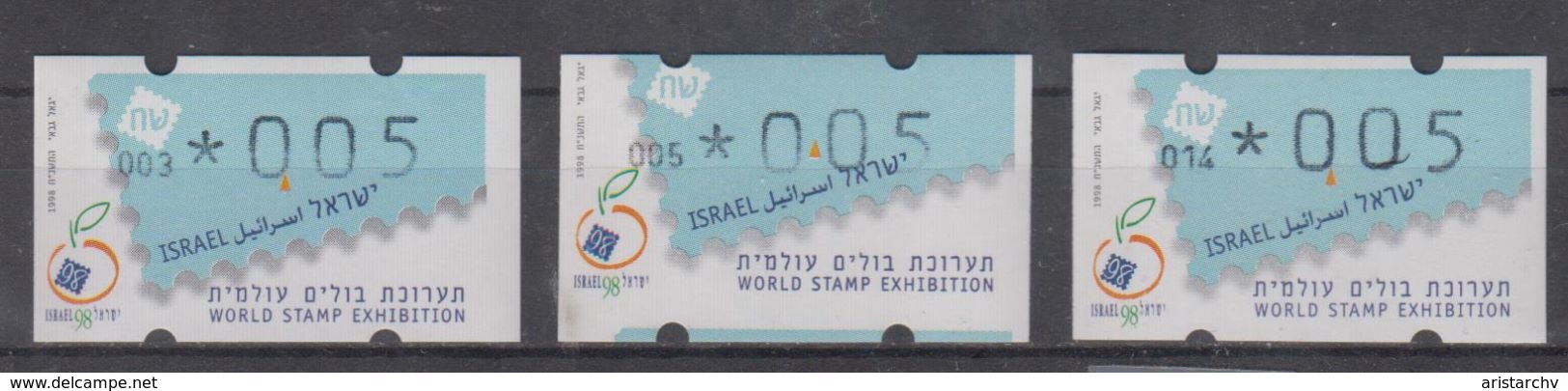 ISRAEL 1998 SIMA ATM WORLD STAMP EXHIBITION TEL AVIV YAFO 0.05 SHEKELS NUMBERS 003 005 014 - Franking Labels