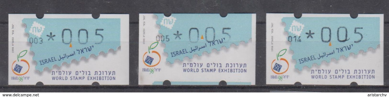 ISRAEL 1998 SIMA ATM WORLD STAMP EXHIBITION TEL AVIV YAFO 0.05 SHEKELS NUMBERS 003 005 014 - Viñetas De Franqueo (Frama)