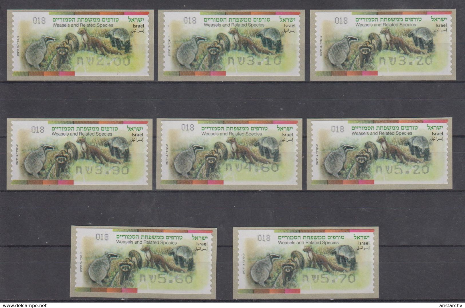 ISRAEL 2014 KLUSSENDORF ATM WEASELS AND RELATED SPECIES FULL SET OF 8 STAMPS NUMBER 018 - Frankeervignetten (Frama)