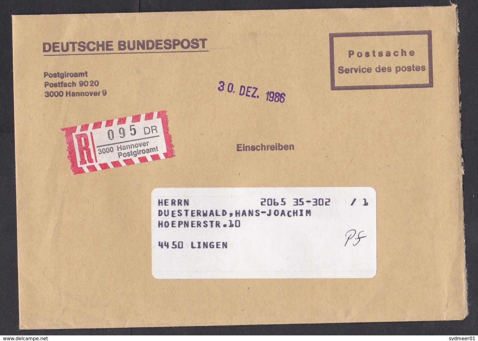Germany: Official Registered Cover, 1986, Postal Service, Postgiroamt Hannover, Bank, R-label (traces Of Use) - Brieven En Documenten