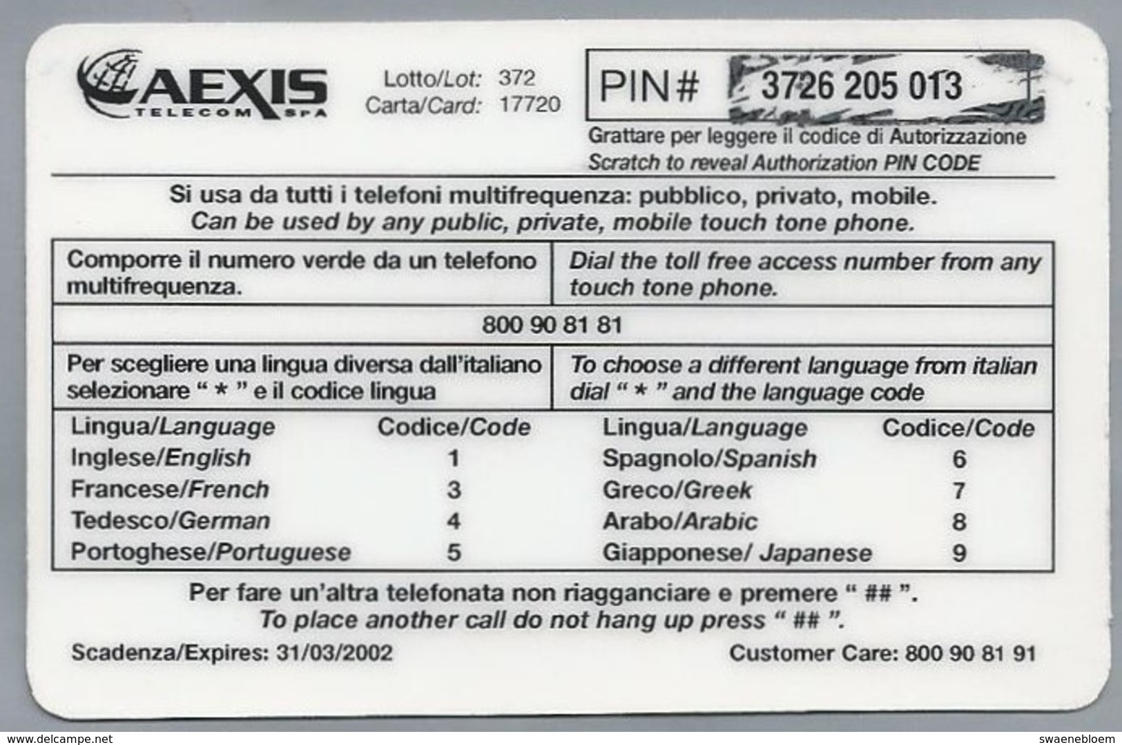 IT.- SCHEDA TELEFONICA PREPAGATA. 20 MILA LIRE - € 10.32. AEXIS TELECOM SPA. 2 Scans. - GSM-Kaarten, Aanvulling & Voorafbetaald