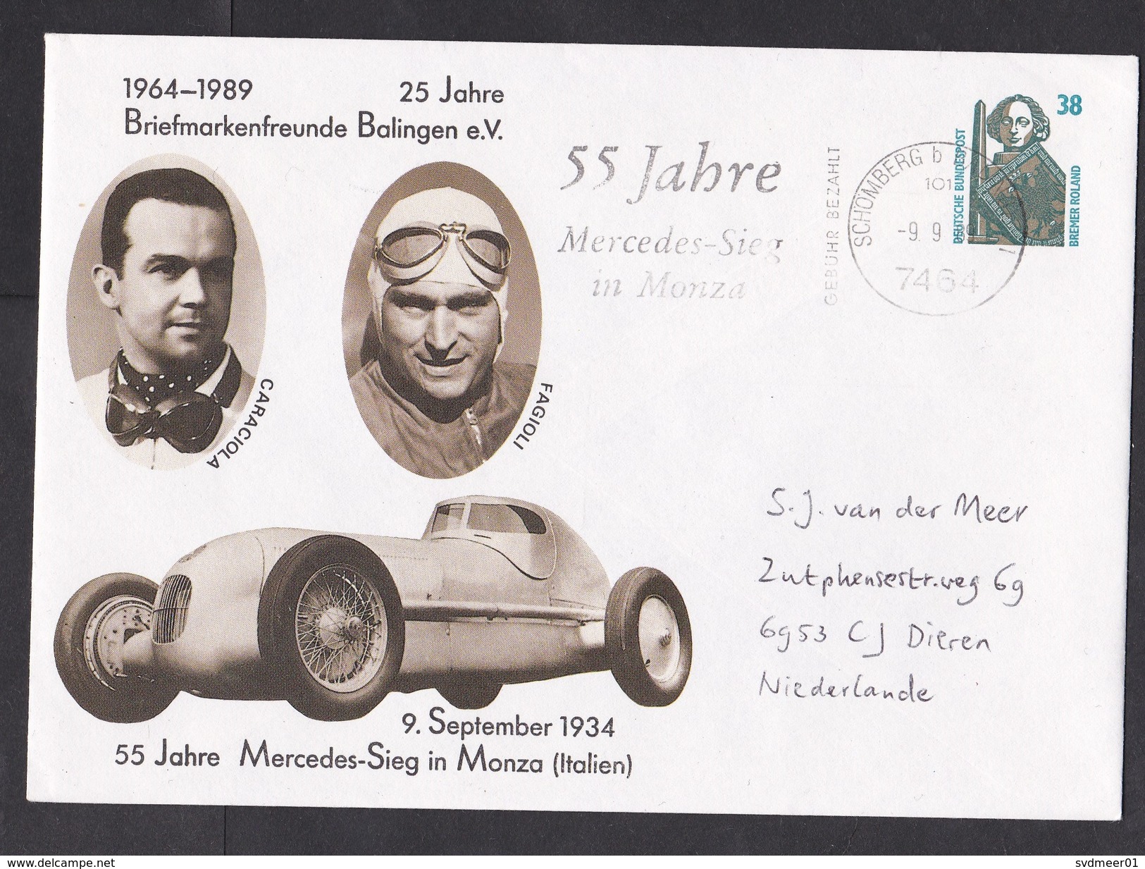 Germany: Stationery Illustrated Cover To Netherlands, 1989, Mercedes Benz Classic Car Race, Nice Cancel (traces Of Use) - Brieven En Documenten