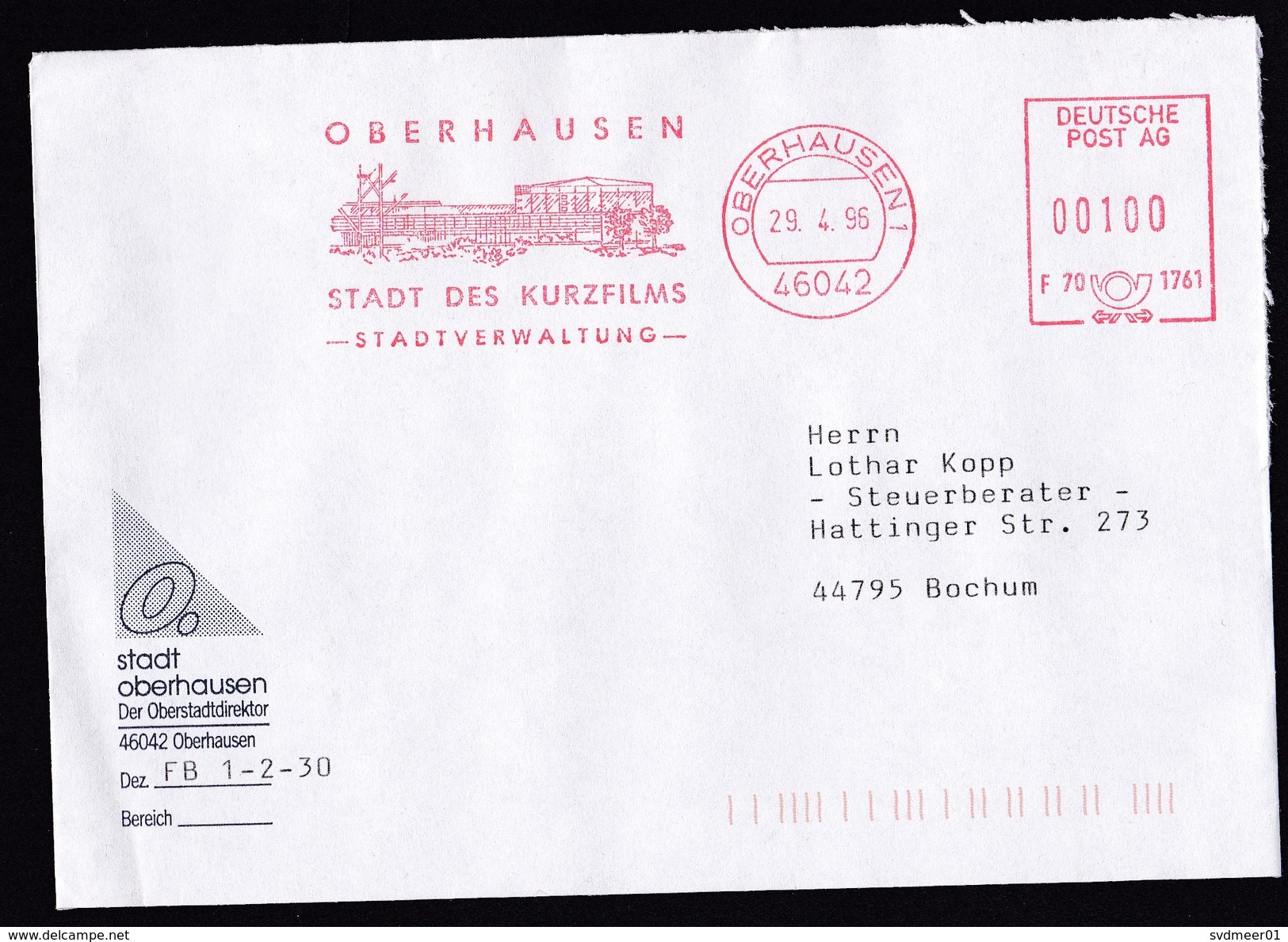 Germany: Cover, 1996, Meter Cancel, Municipality Oberhausen, 'City Of Short Movies', Film, Cinema (traces Of Use) - Covers & Documents