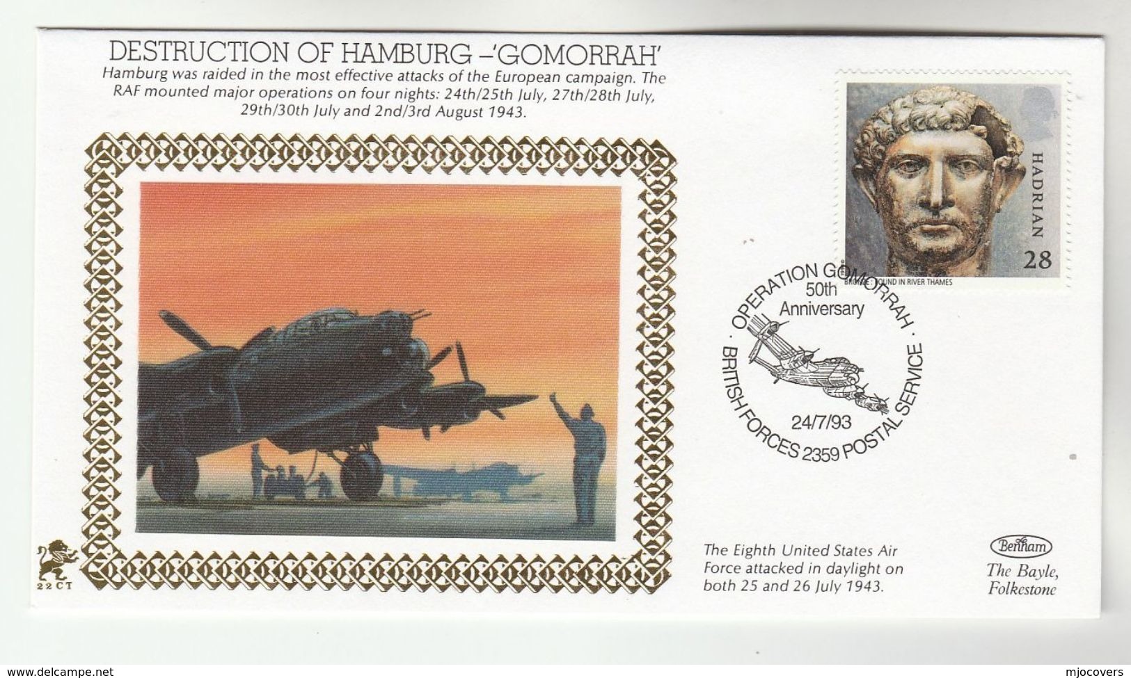 1993 GB Very Ltd EDITION COVER Anniv HAMBURG DESTROYED By RAF BOMBING Wwii Event Stamp British Forces Aviation Germany - WW2